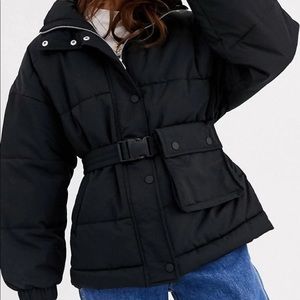 Black Quilted Puffer Jacket with Belted Pocket